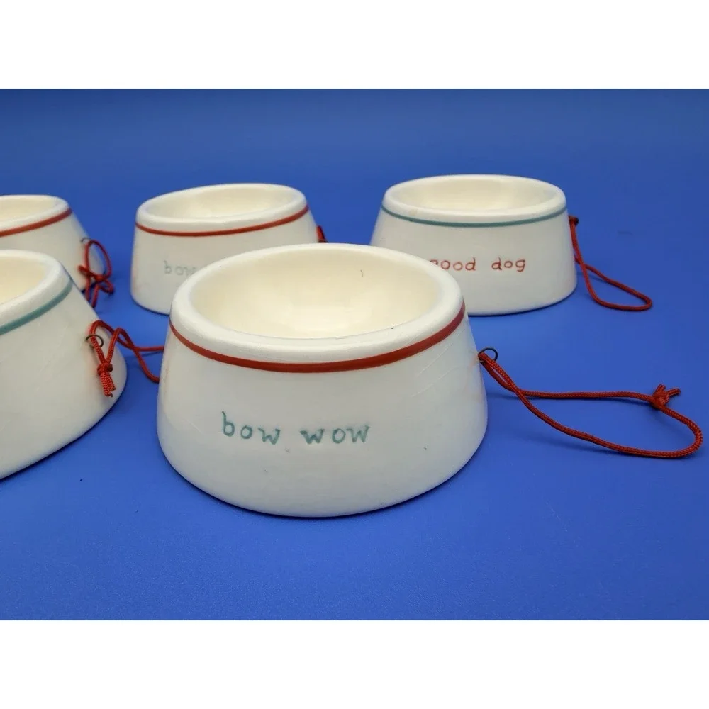 Dog Lover Christmas Ornaments Set 5 Ceramic Dog Bowls Bow Wow Good Dog